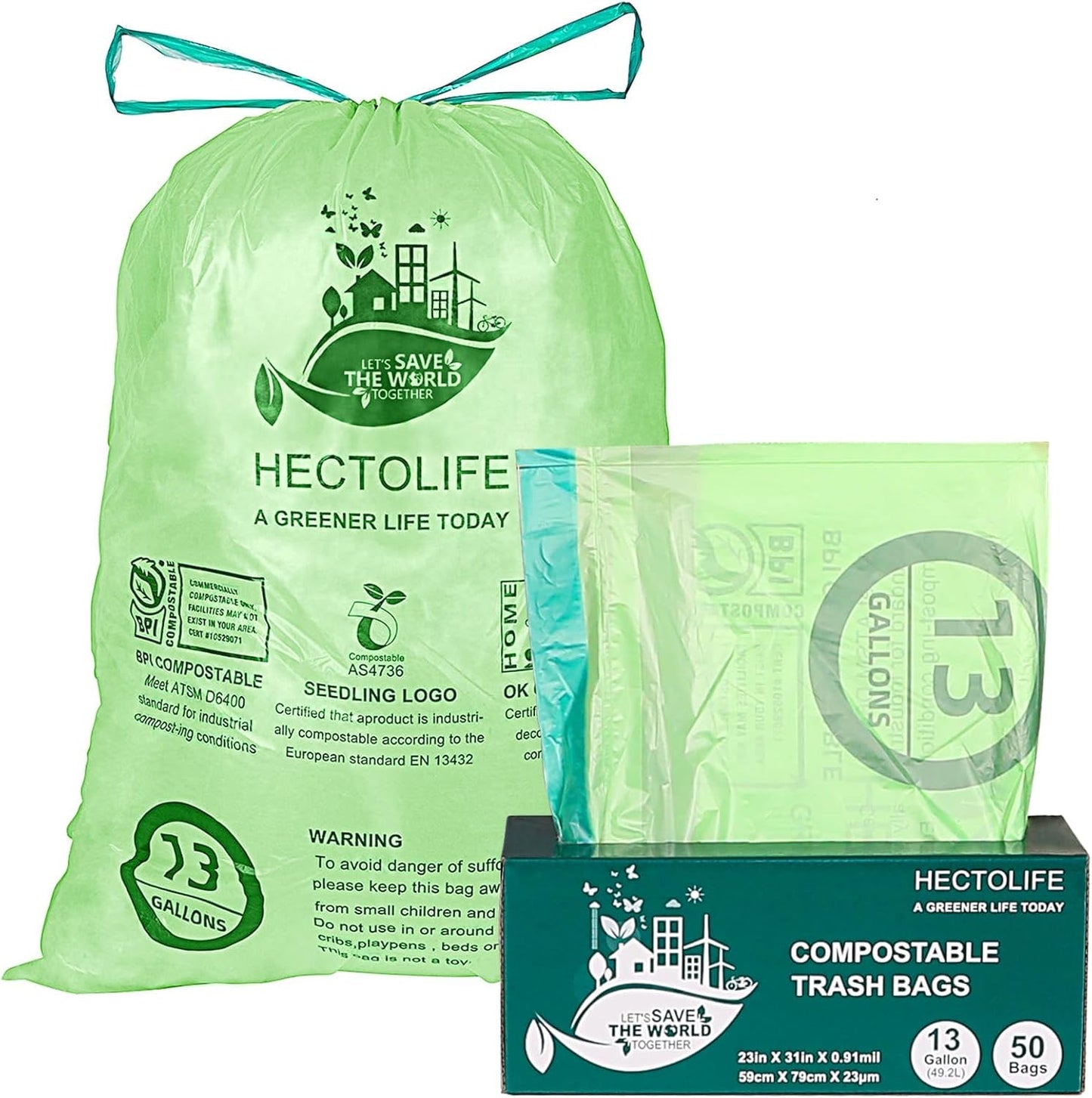 13 Gallon,50 Count, Compostable Trash Bags with Drawstring,Tear Resistant Kitchen Food Scrap Waste