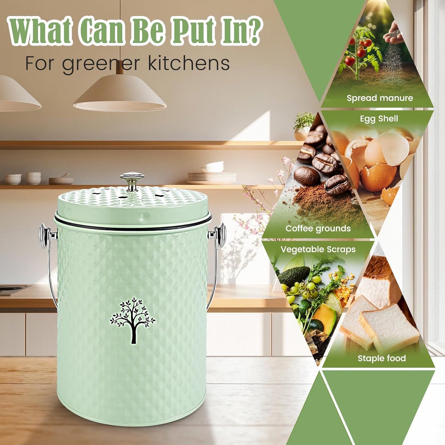 AOSION Countertop Compost Bin Kitchen，Odorless Indoor Compost Bin with Lid and Compost Bags,Compost