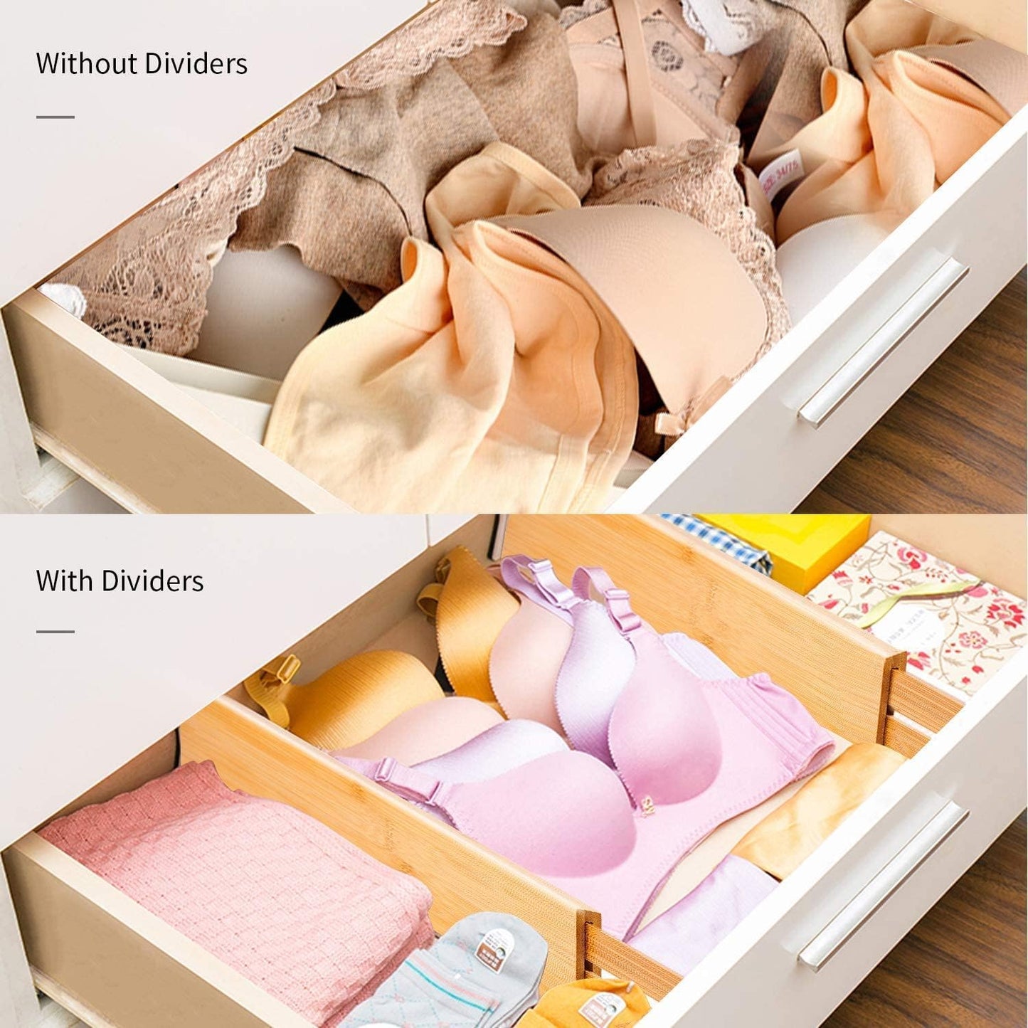 Utoplike 4 pcs Bamboo Kitchen Drawer Dividers Large, Adjustable Drawer Organizers, Spring Loaded