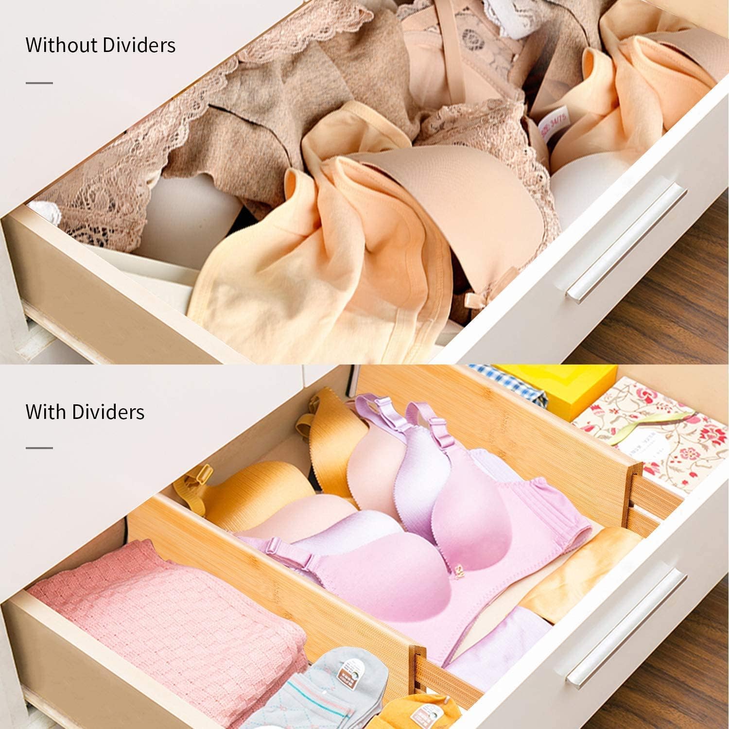 Utoplike 4 pcs Bamboo Kitchen Drawer Dividers Large, Adjustable Drawer Organizers, Spring Loaded