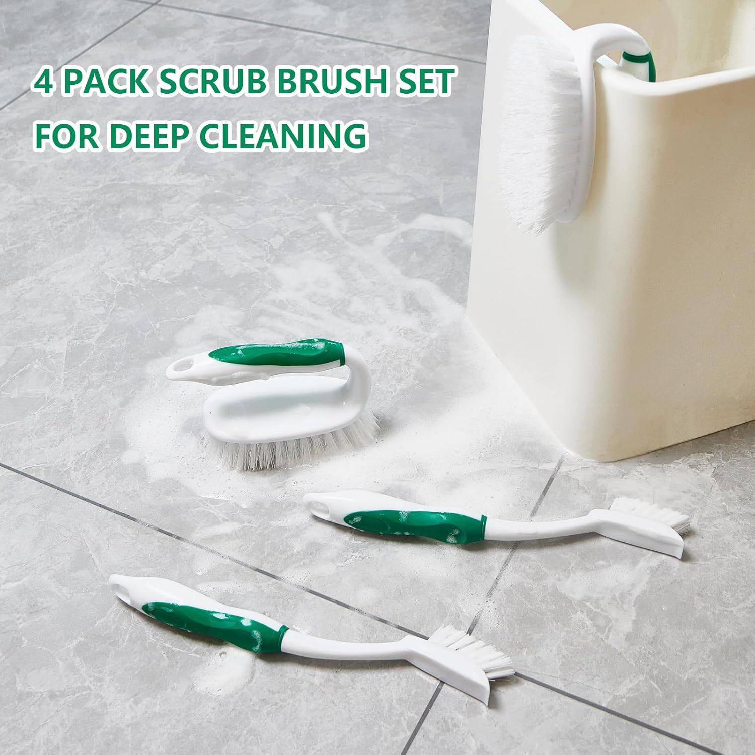 Scrub Brush Set, 4 Pack Deep Cleaning Brush Kit - 2 Scrub Brush, 2 Tile & Grout Brush with Built-in