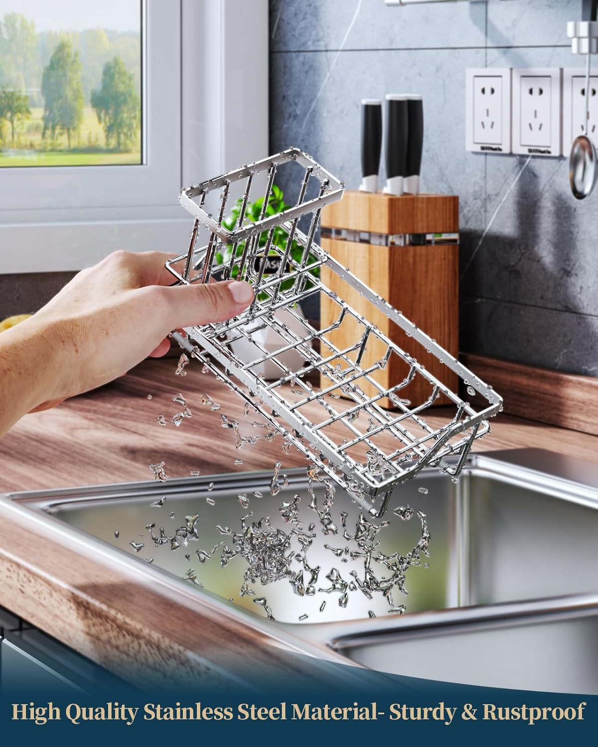 Consumest Sink Caddy, Kitchen Sponge Holder with Dish Brush Holder, Kitchen Sink Organizer with