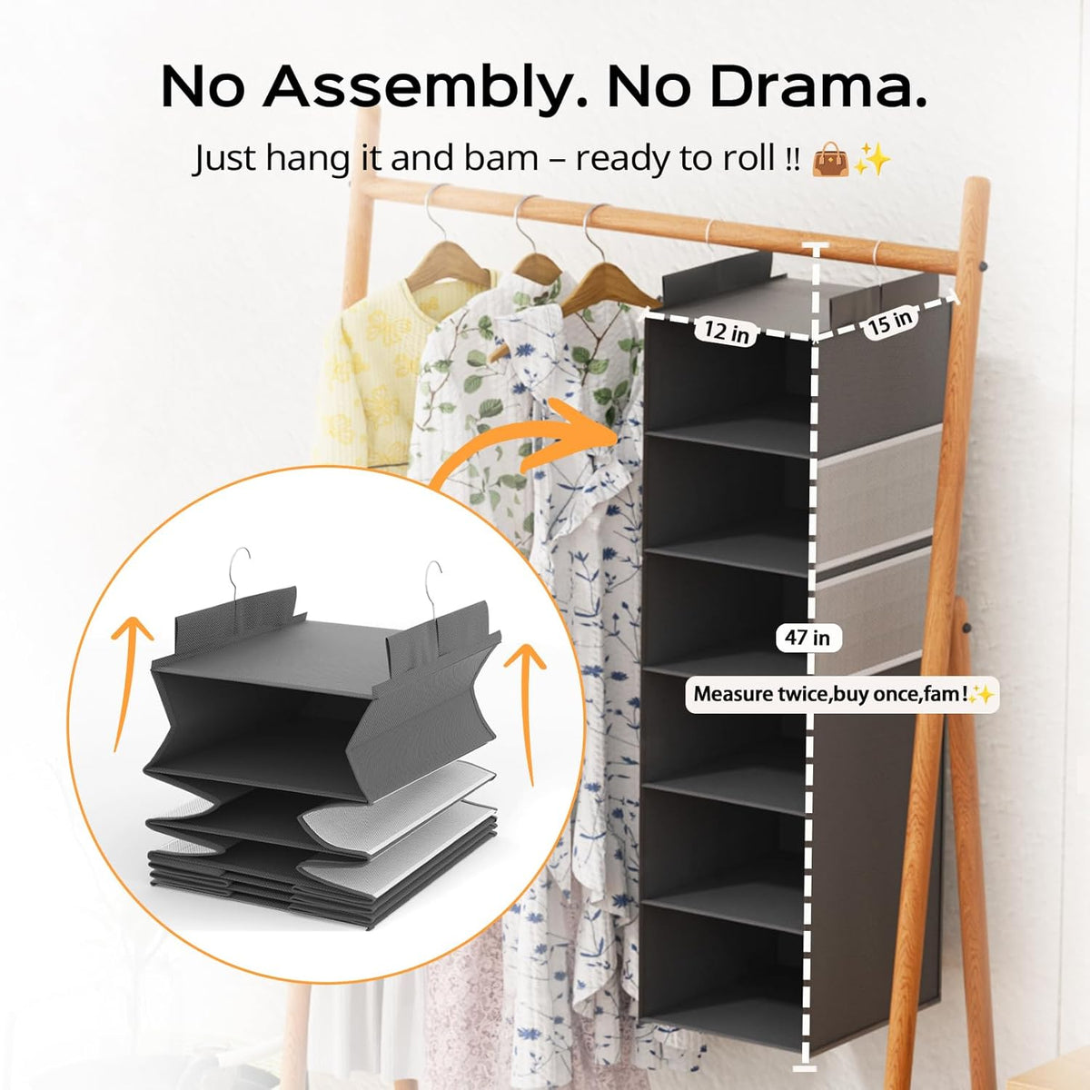 Extra Deep Hanging Closet Organizer with 6 Shelves and Oversized Mesh Pockets, Heavy-Duty