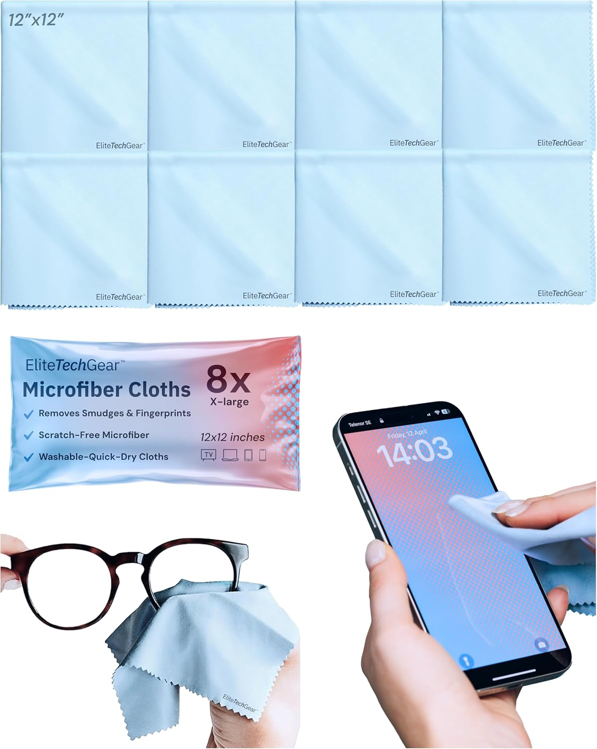 Elite Screens Microfiber Cleaning Cloth for Glasses - 12 x 12 in, Blue, 8-Pack - Lens & Screen
