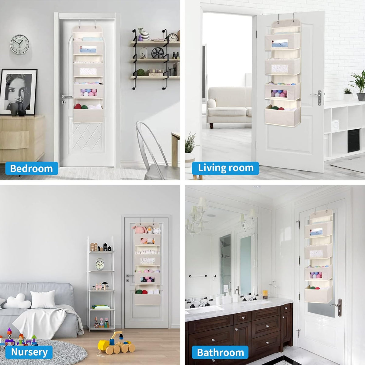 MAX Houser 4-Shelf Over The Door Hanging Organizer with 2 Metal Hooks, 4 Pocket Swing-Proof Behind