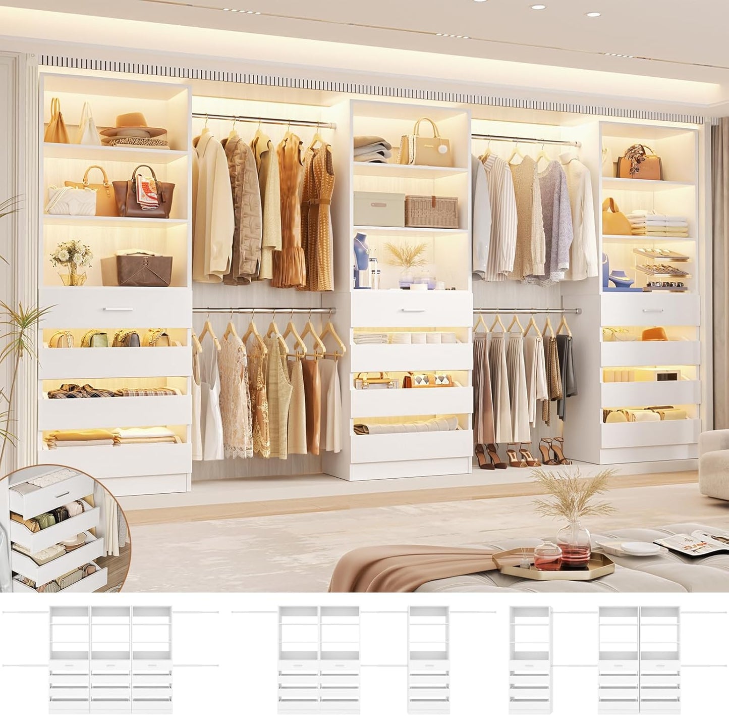 Aheaplus Closet System with 12 Drawers, 8.5-11.5Ft Wood Closet Organizer System with 4 Hanging Rods