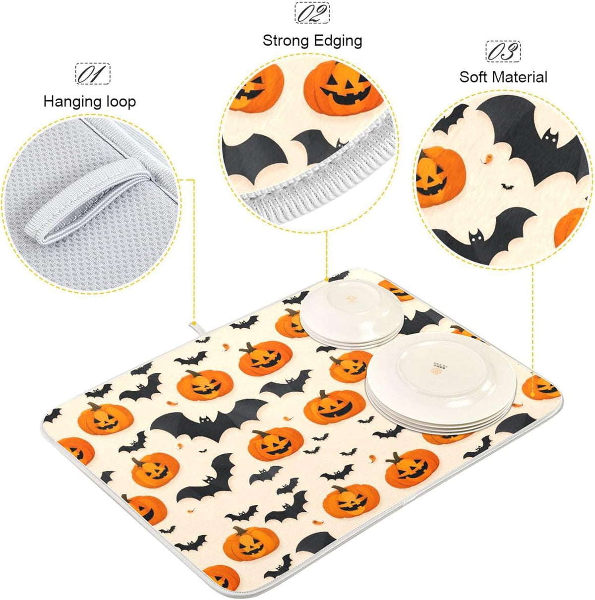 Halloween Black Bat Dish Drying Mat for Kitchen Countertop 16x18 Spooky Evil Pumpkin Lantern Small