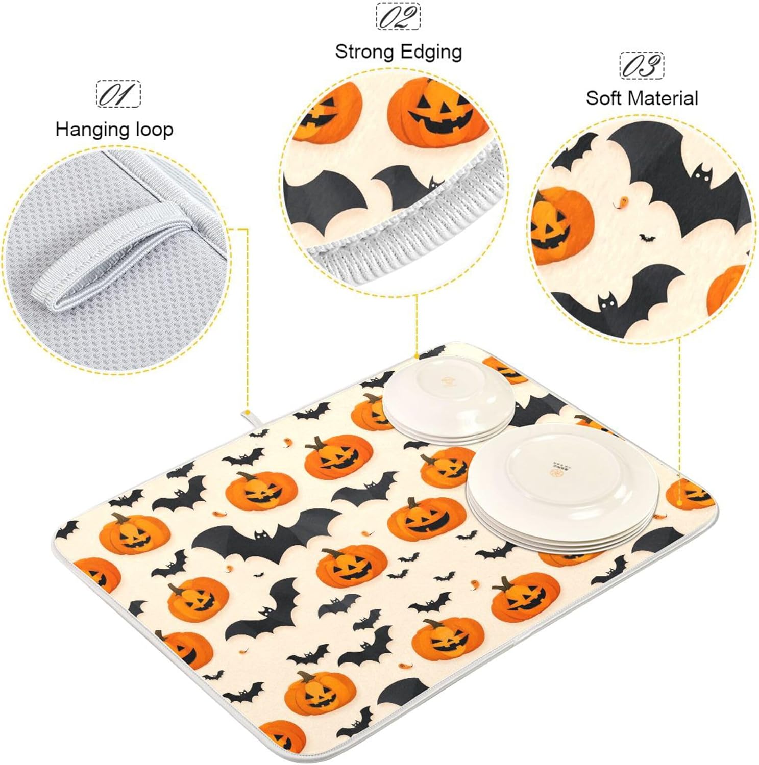 Halloween Black Bat Dish Drying Mat for Kitchen Countertop 16x18 Spooky Evil Pumpkin Lantern Small