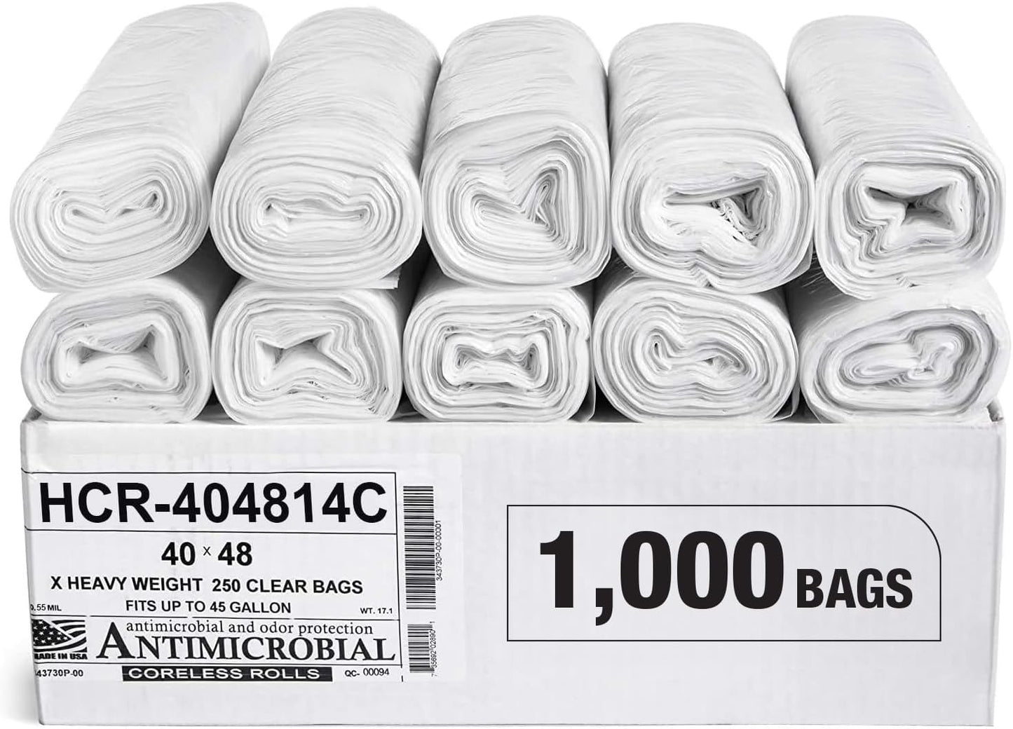 Aluf Plastics High Density Trash Bags, 45 Gallon, 1000 Count, 14 Micron (eq), 40" x 48", Clear, for