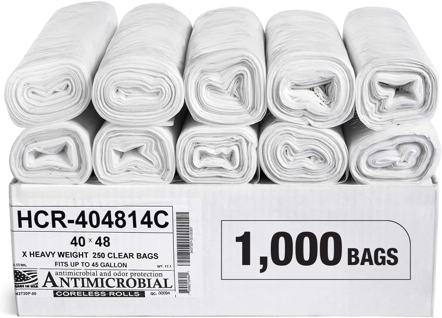 Aluf Plastics High Density Trash Bags, 45 Gallon, 1000 Count, 14 Micron (eq), 40" x 48", Clear, for