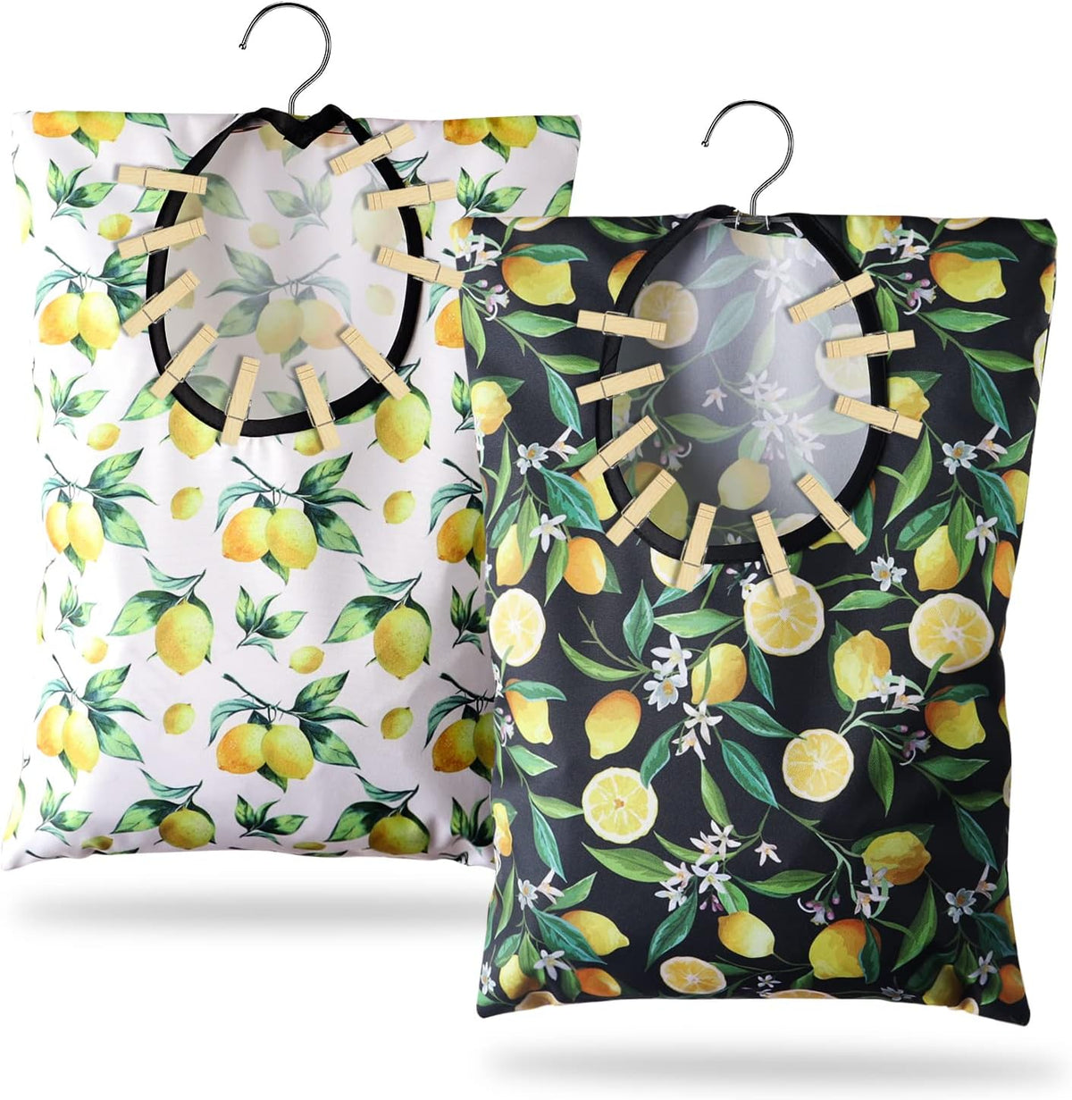 2 Pcs Lemon Clothespin Bag With Hanging Hook - 15 X 11 Inch Laundry Canvas Clothes Pin Holder