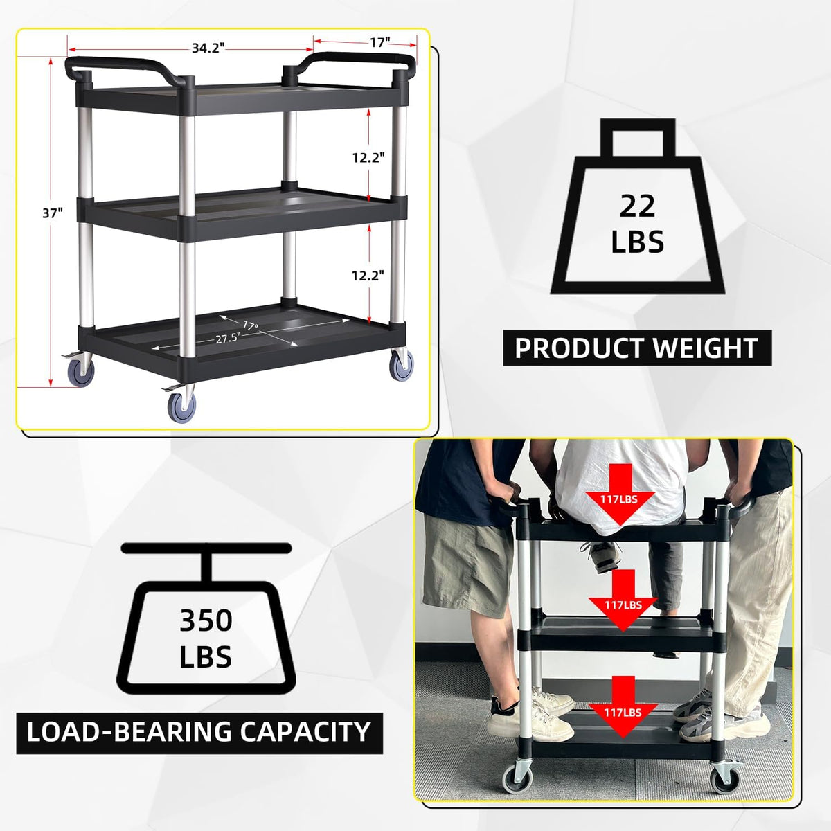 Plastic Utility Cart with Anti-Tangle Wheels, Solid Armrests, 350 Lbs Heavy Duty Capacity, 3-Tier