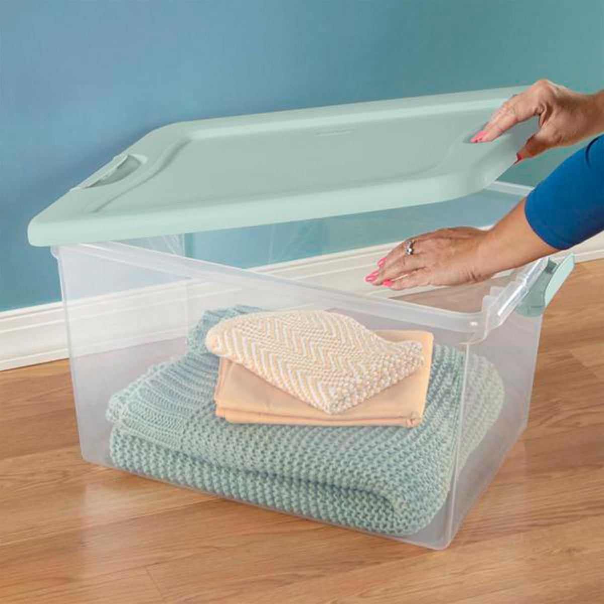 Sterilite 12 Pack Latching Box, Clear Plastic Stackable Storage Bin with Lid, 64 Quart, Mindful Mint