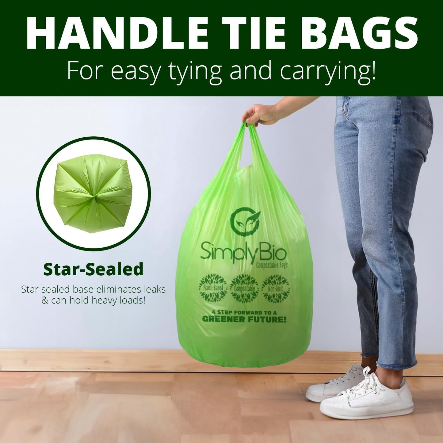 Simply Bio 13 Gallon Compostable Trash Bags Liners with Handle-Tie, Thick 0.87 Mil, 49.21 Liter, 30
