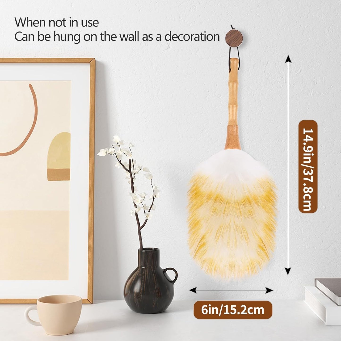 Lambswool Duster for Cleaning with Solid Wooden Handle Leather Hang Strap 14.9 inch Natural Feather
