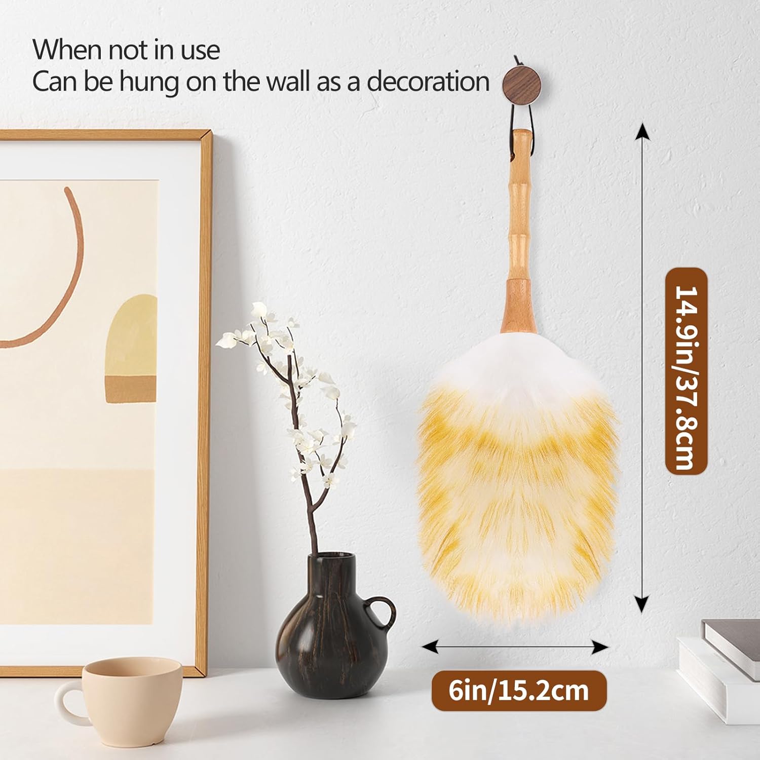 Lambswool Duster for Cleaning with Solid Wooden Handle Leather Hang Strap 14.9 inch Natural Feather