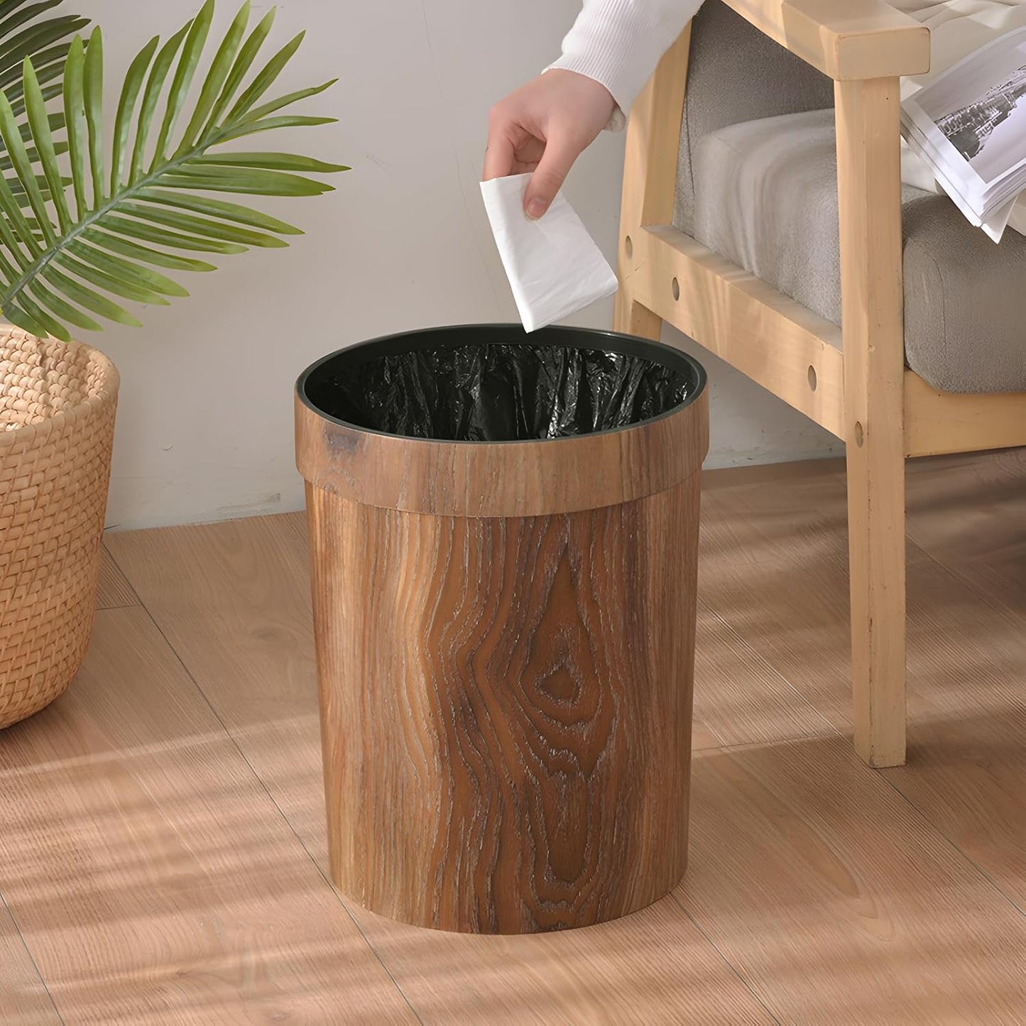 Wood Grain Plastic Trash Can Bedroom, Round 2-Pack, 3.4 Gal Farmhouse Wastebasket Bin Retro Style