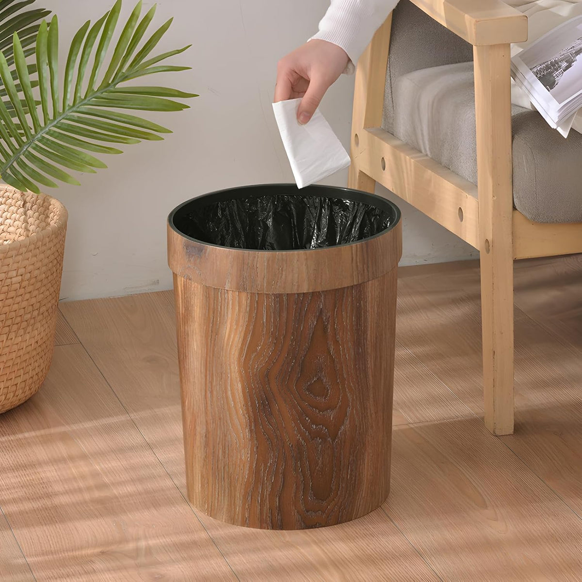 Wood Grain Plastic Trash Can Bedroom, Round 2-Pack, 3.4 Gal Farmhouse Wastebasket Bin Retro Style