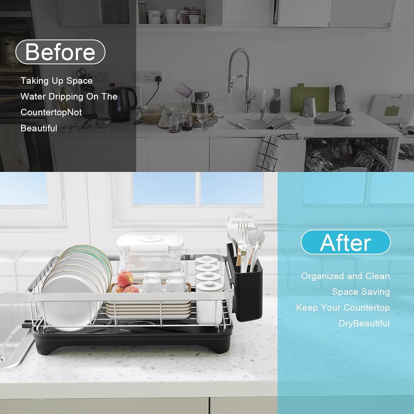 Dish Drying Rack 304 Stainless Steel Dish Rack with Drainboard,Space Spaving Auto-Draining Drying