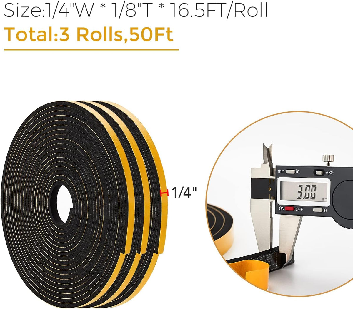50 Feet Weather Stripping Door Seal, 1/4" Wide X 1/8" Thick Door Seal Strip High Density Foam Tape