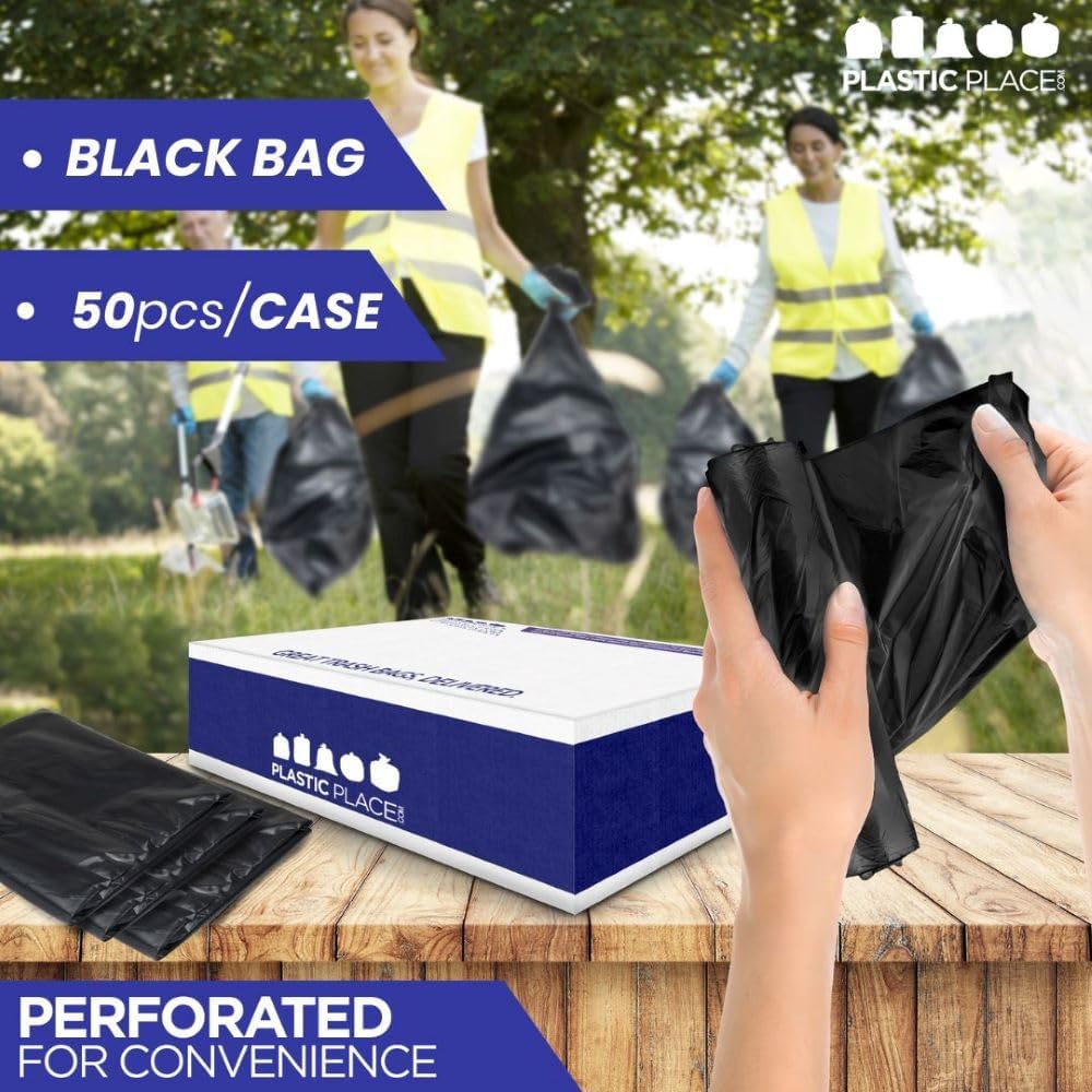 Plasticplace Contractor Trash Bags 40-45 Gallon │ 3.0 Mil │ Black Heavy Duty Garbage Bag │ 40” x