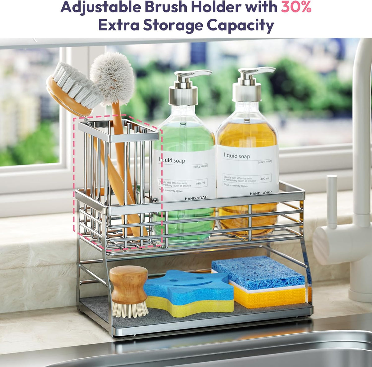 SWTYMIKI Kitchen Sink Caddy Organizer, 2 Tier Sponge Holder for Kitchen Sink with Instant Drying