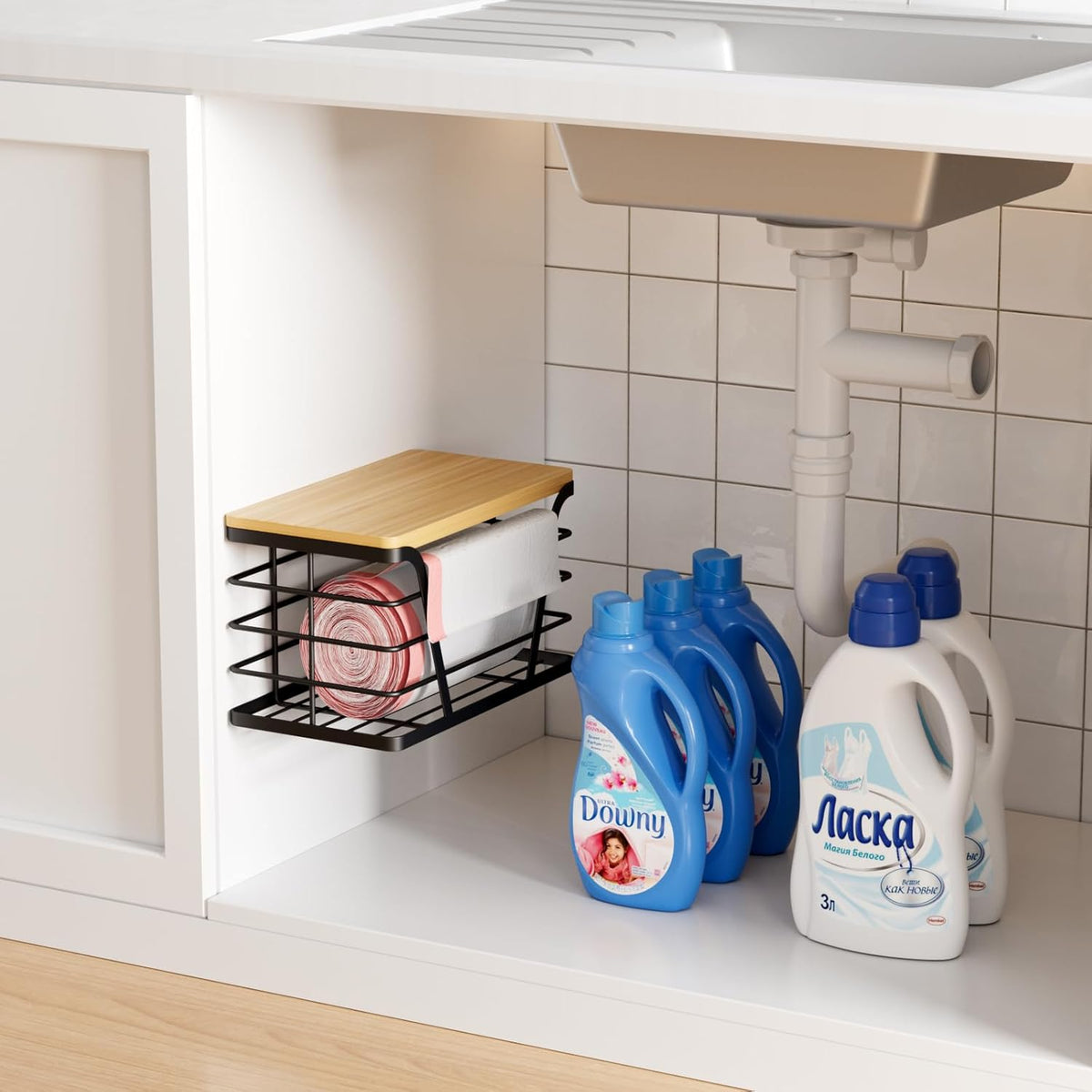 Small Grocery Bag Holder, Trash bag holder with Removable Bamboo Top, Wall Mount, No Drill