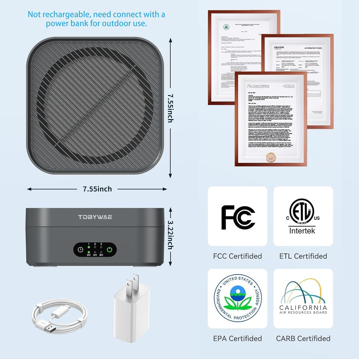 Air Purifiers for Home 600 Sq.Ft, TDBYWAE H13 True HEPA Air Purifier with USB Cable for Pets Dust