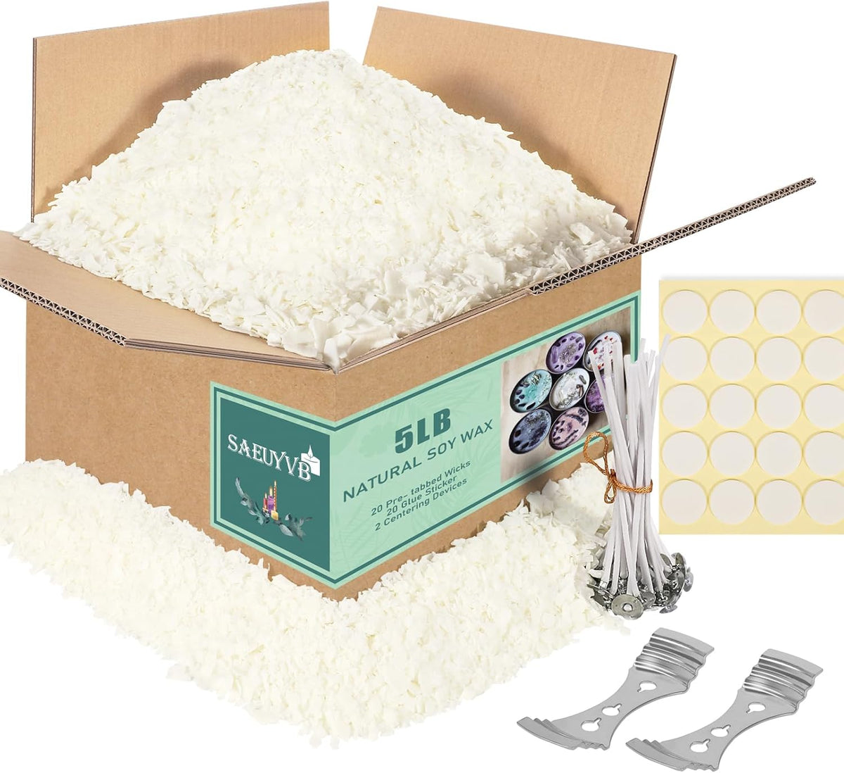 SAEUYVB Soy Candle Wax for Candle Making - Natural Soy Wax Flakes 5 lbs Bag, 20 Cotton Candle