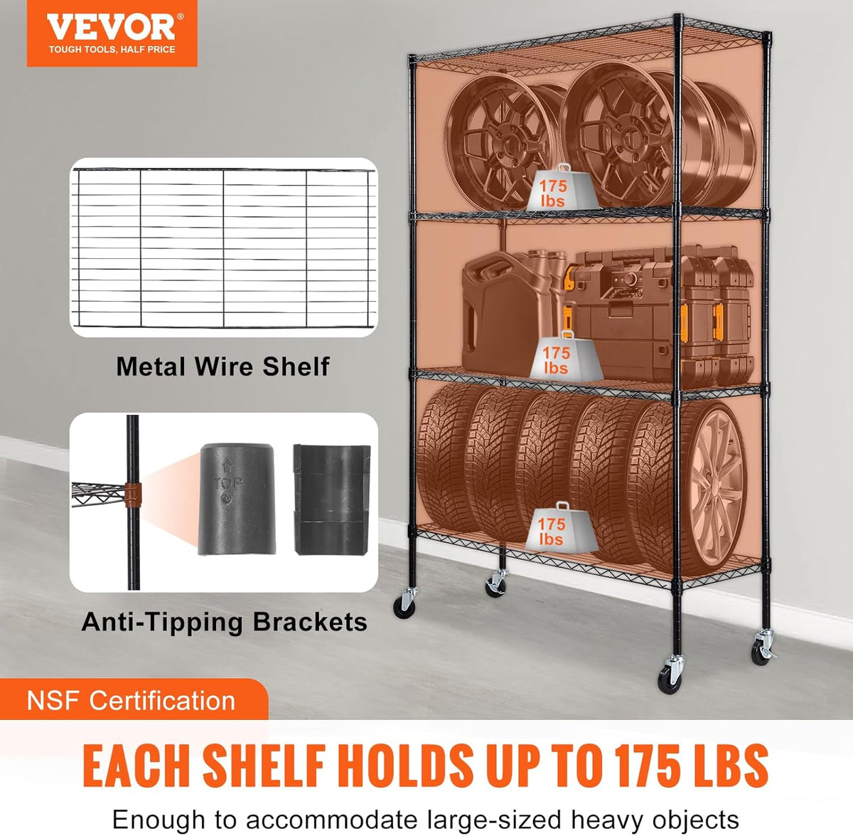 VEVOR Storage Shelving Unit, 4-Tier Adjustable Storage Shelves, 48" L x 18" W x 74" H Garage