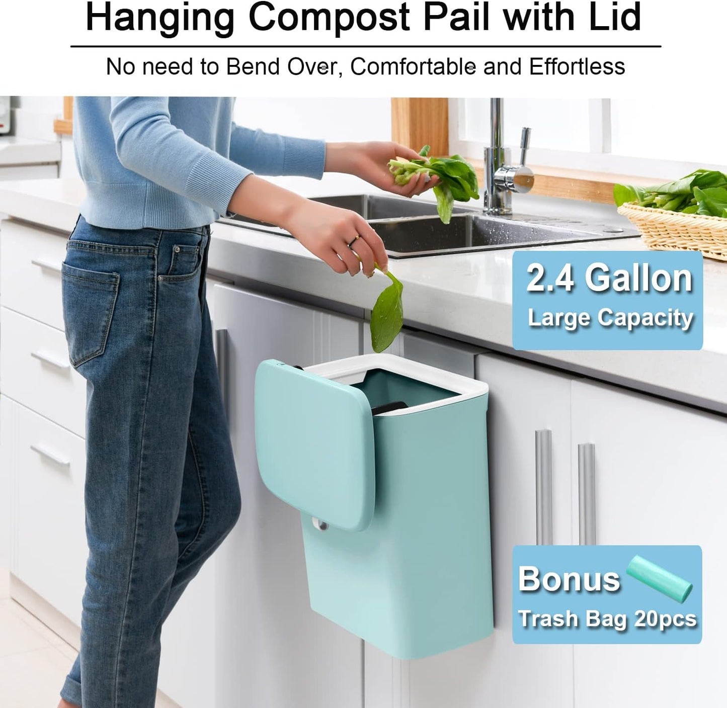 Tiyafuro 2.4 Gallon Kitchen Compost Bin for Counter Top or Under Sink, Hanging Small Trash Can with