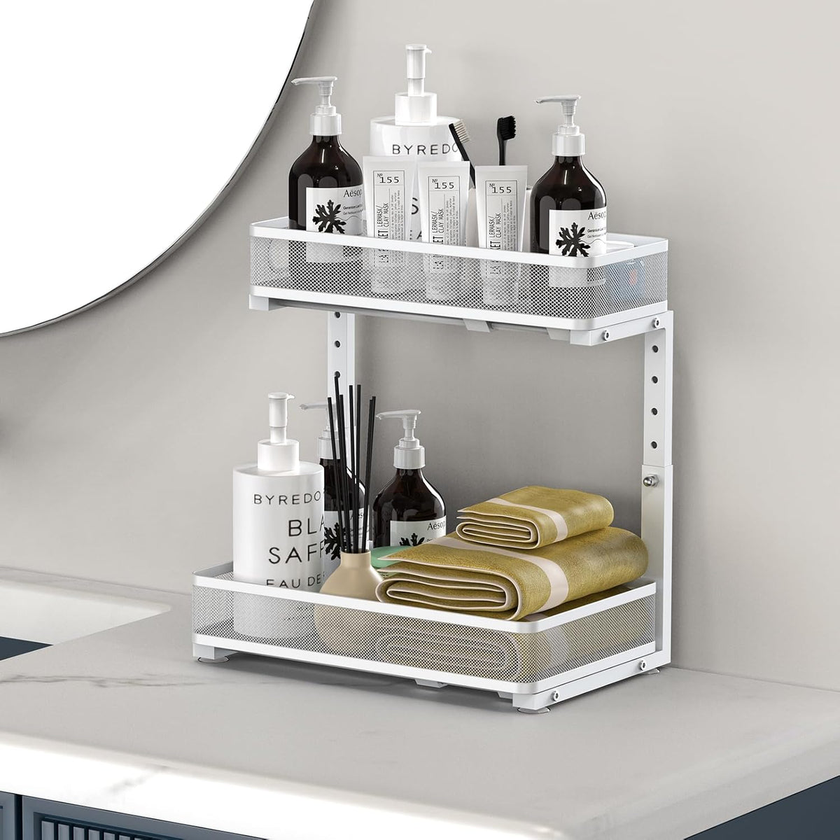 Under Sink Organizer, High Adjustable 2 Tier Under Sink Organizers and Storage, Slide Out Metal