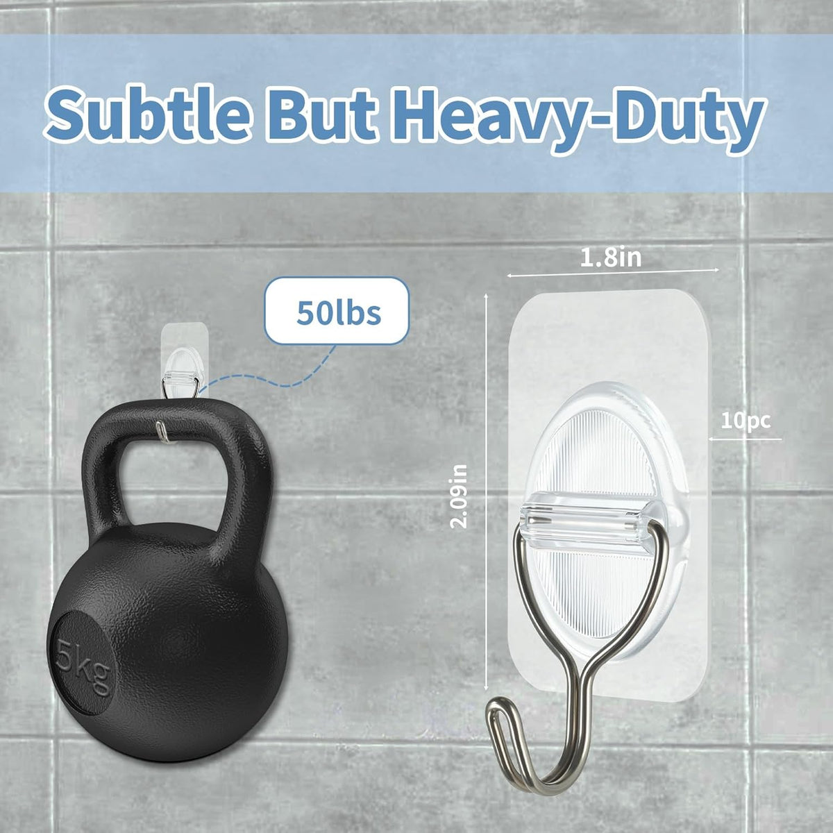 Adhesive Wall Hooks No Damage, Stick On Hooks for Hanging 10 Pack - Transparent Stainless Steel 5KG