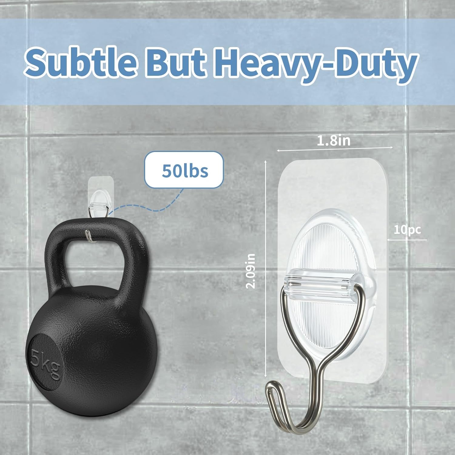 Adhesive Wall Hooks No Damage, Stick On Hooks for Hanging 10 Pack - Transparent Stainless Steel 5KG
