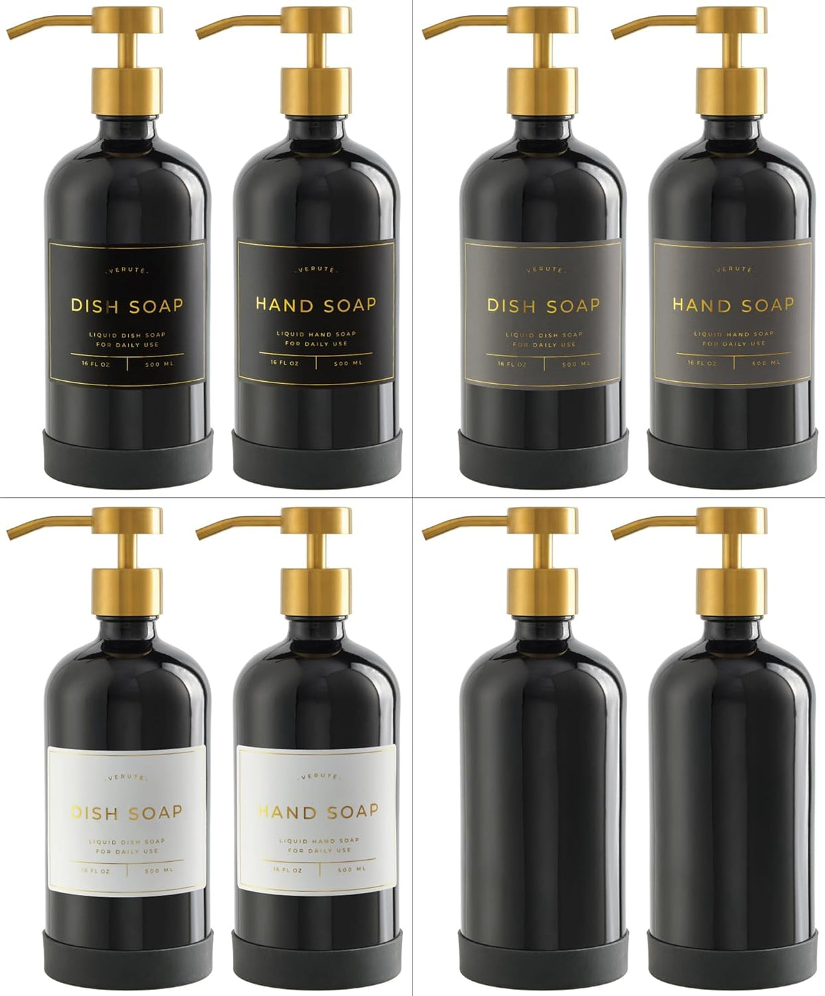 16oz Glass Soap Dispenser with Stainless Steel Pump, 21 Waterproof Labels, Non-Slip Protective