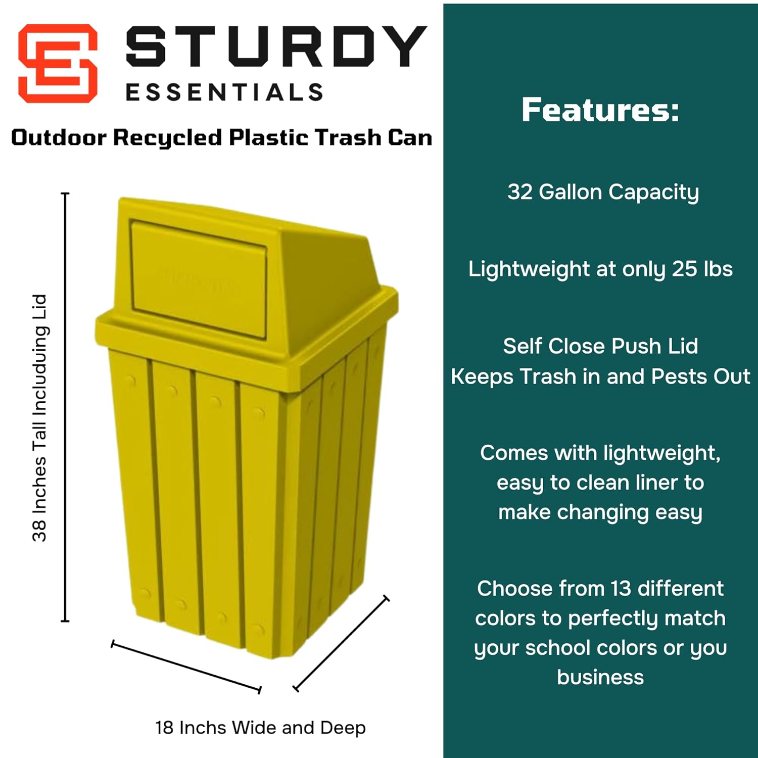 32 Gallon Square Slatted 100% Recycled Plastic Heavy-Duty Commercial Outdoor or Indoor Trash Can