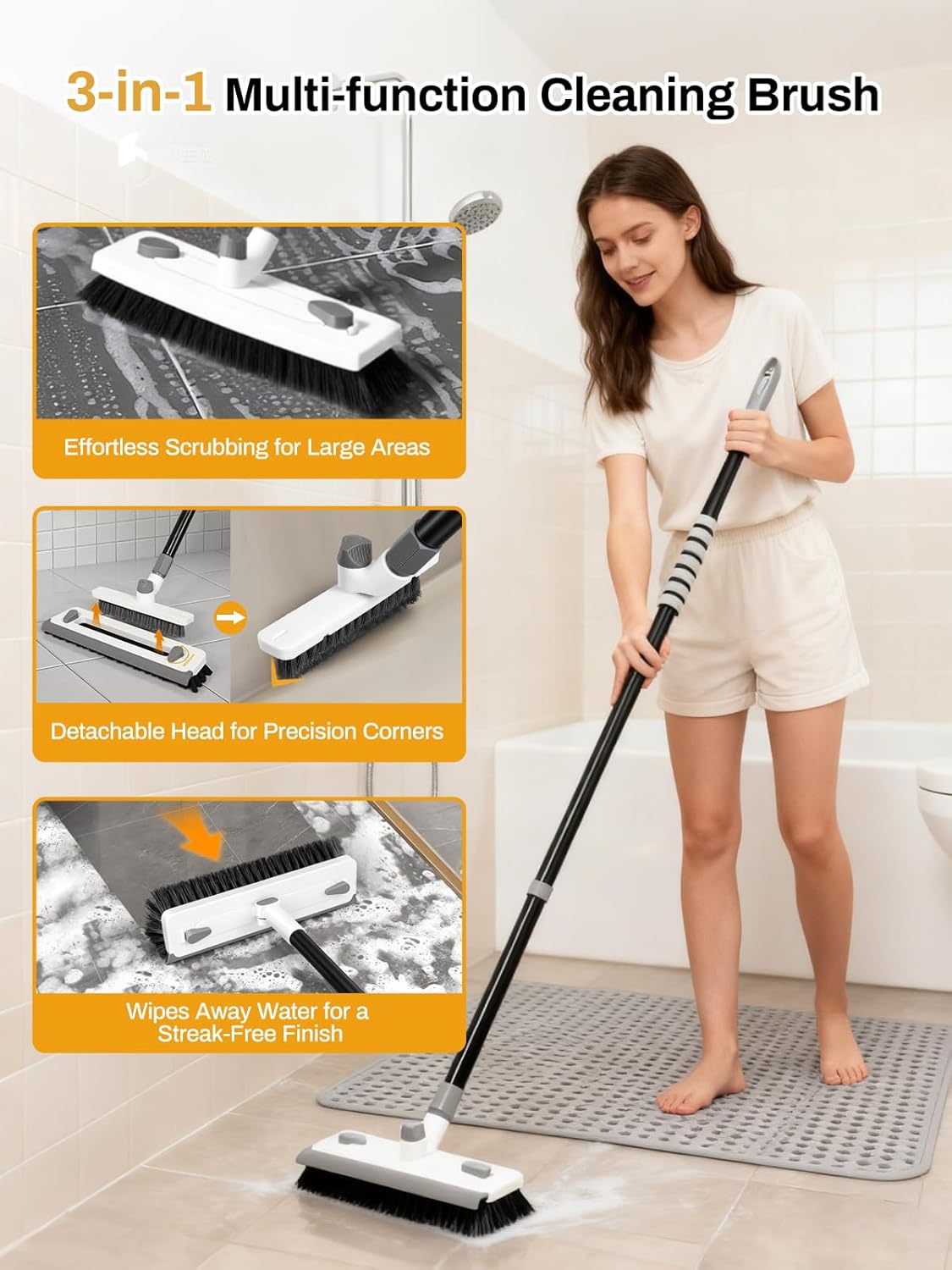 3 in 1 Floor Scrub Brush with Long Handle 55" Push Broom Stiff Bristle Scrubber Brush Squeegee