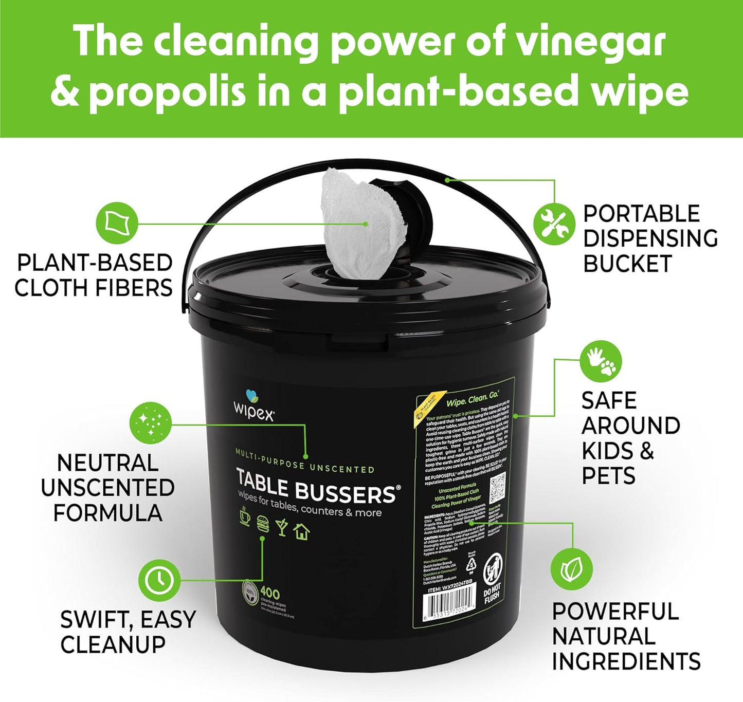 Wipex Table Bussers - Natural Cleaning Vinegar Counter and Table Wipes, 400 Ct Unscented Disposable