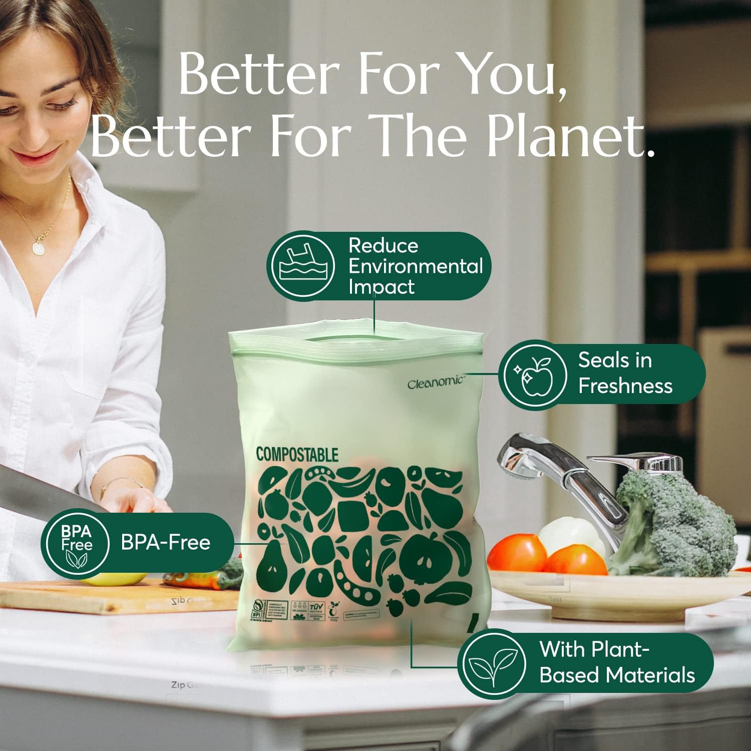 Cleanomic Compostable* Gallon Size Food Storage Bags (25 Eco Zip) Freezer and Leak Proof, Also