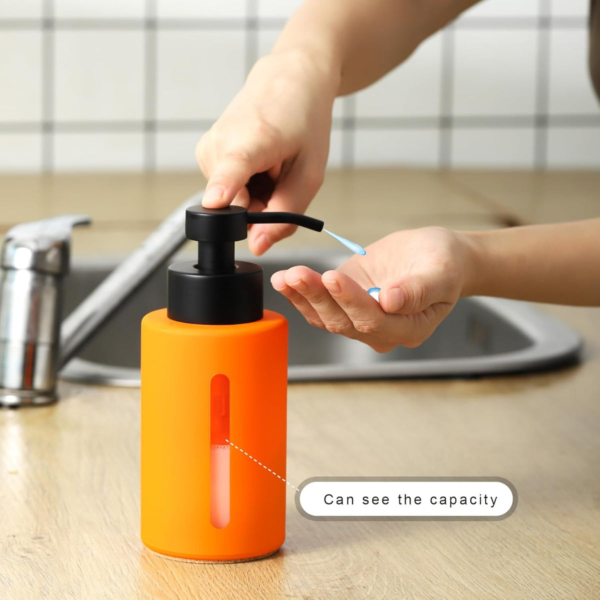 Enra Fall Glass Soap Dispenser with Window,12oz Orange Bathroom Soap Dispenser with Stainless Steel