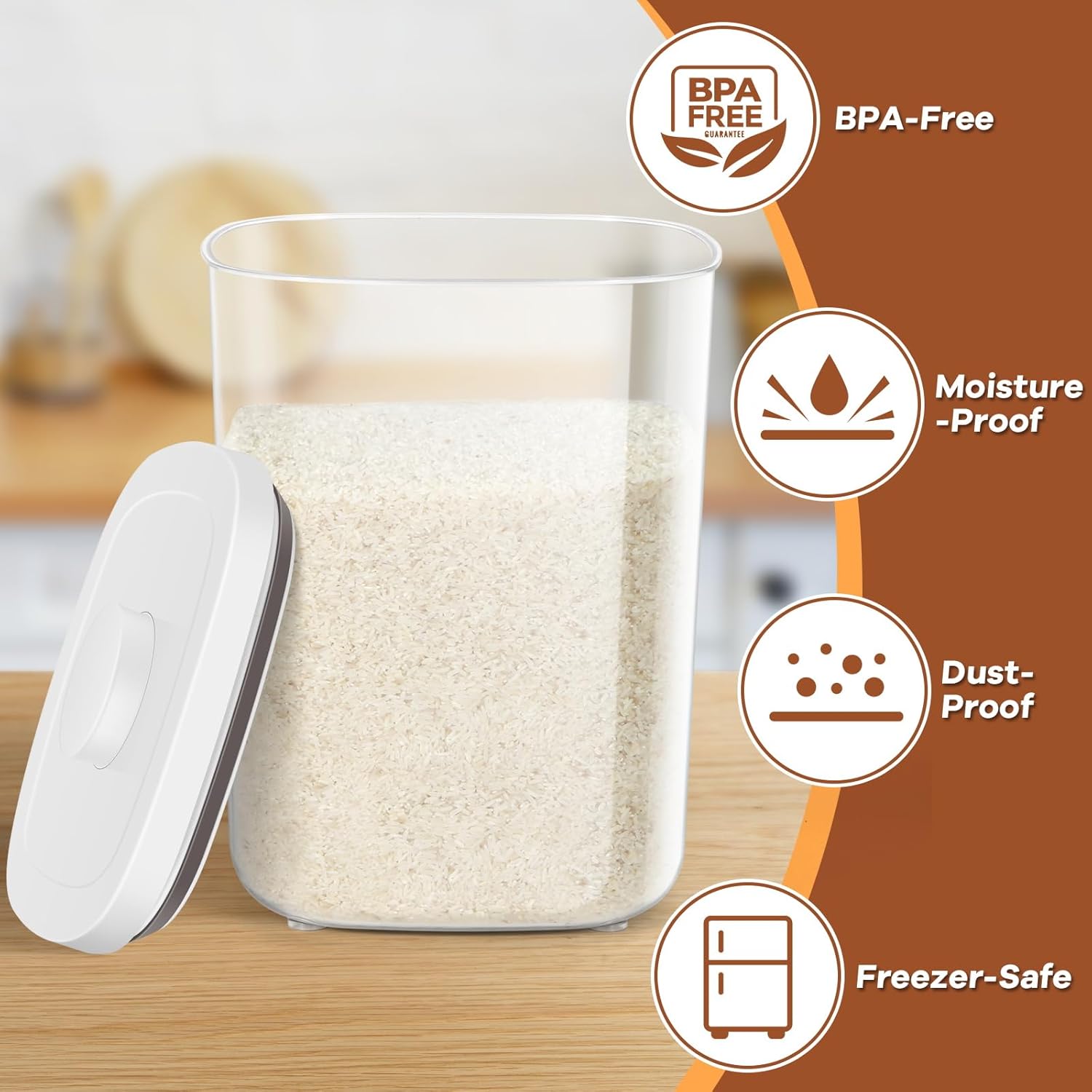 Airtight Rice Container 25 Lbs, Clear PET Plastic Food Storage Container Bin For Flour Sugar, Dry