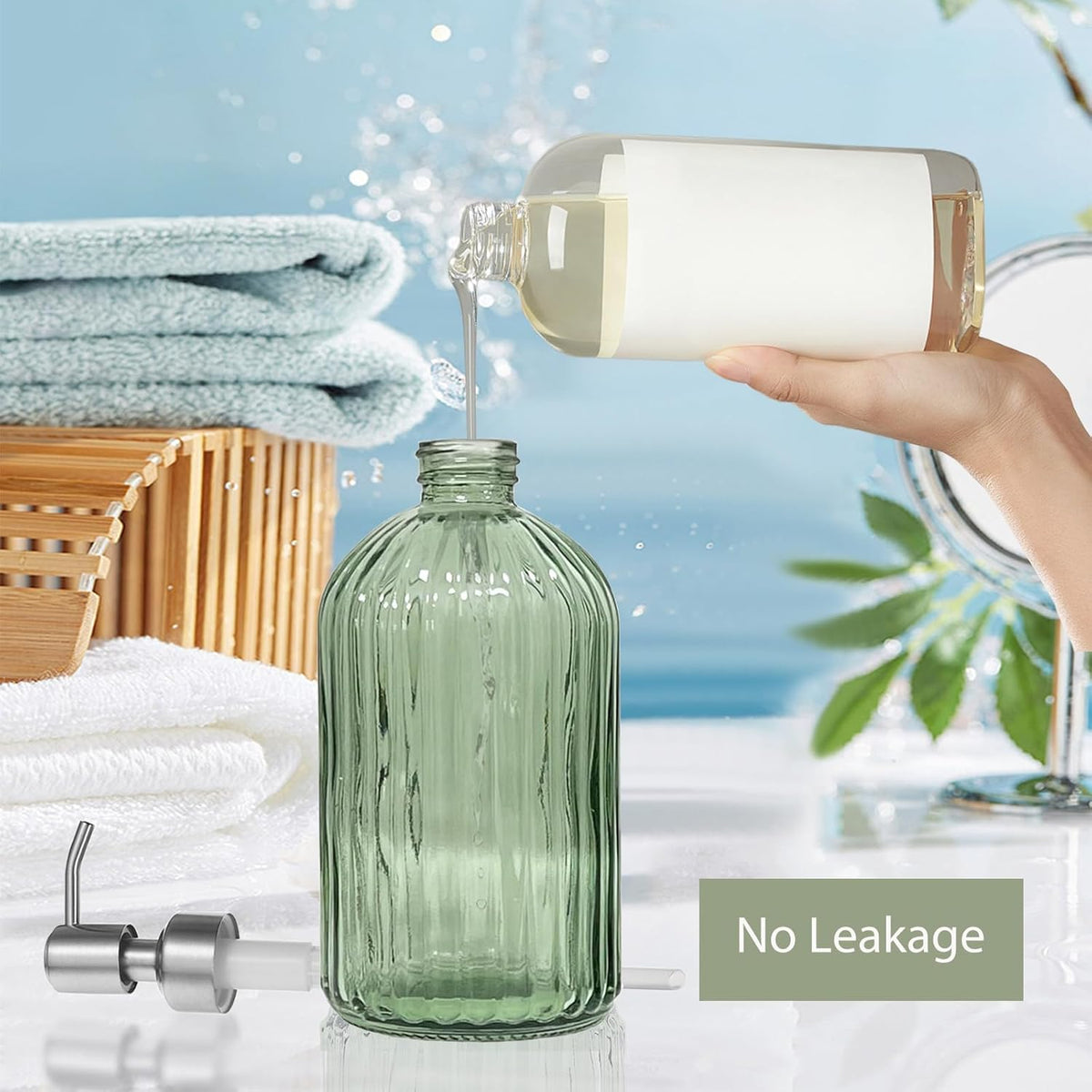 14Oz Green Soap Dispenser Bathroom - 2 Pack, Clear Glass Hand Soap Dispensers with Stainless Steel