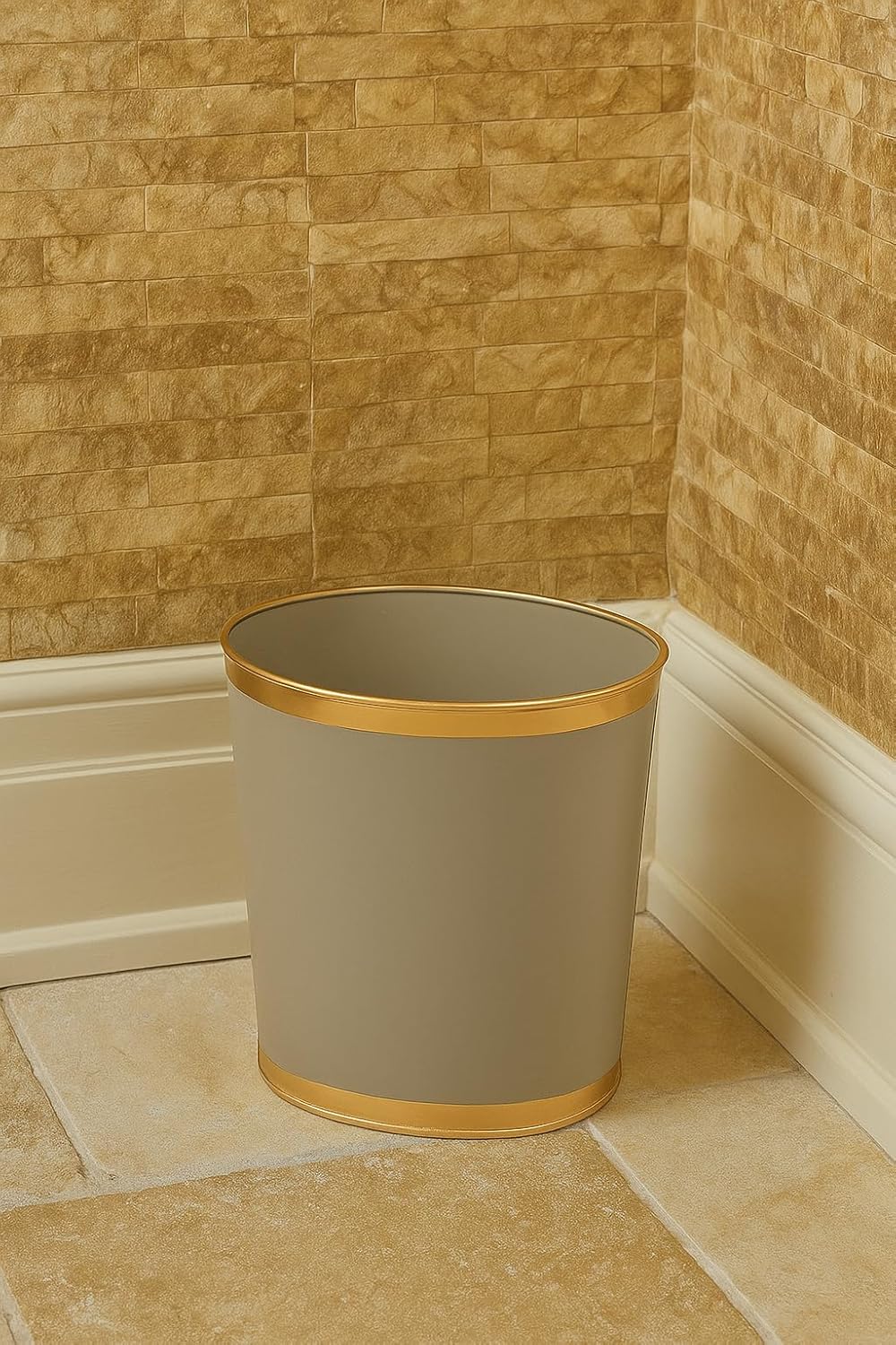 Jaye's Studio Mattie Oval Waste Basket for Bathroom Decorative, Gold Trim & Finish, Hand-Painted