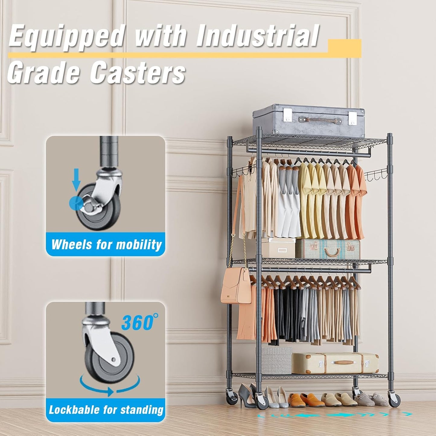 Homdox Garment Rack Heavy Duty, 3 Tier Rolling Clothing Racks for Hanging Clothes, Metal Wardrobe