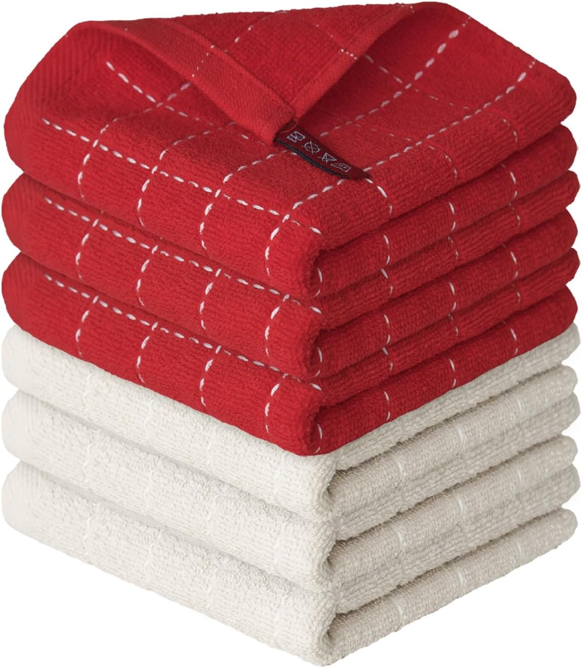 Artoid Mode Checkered Designed Cotton Beige Red Terry Kitchen Dish Cloths, 12x12 Inch Soft