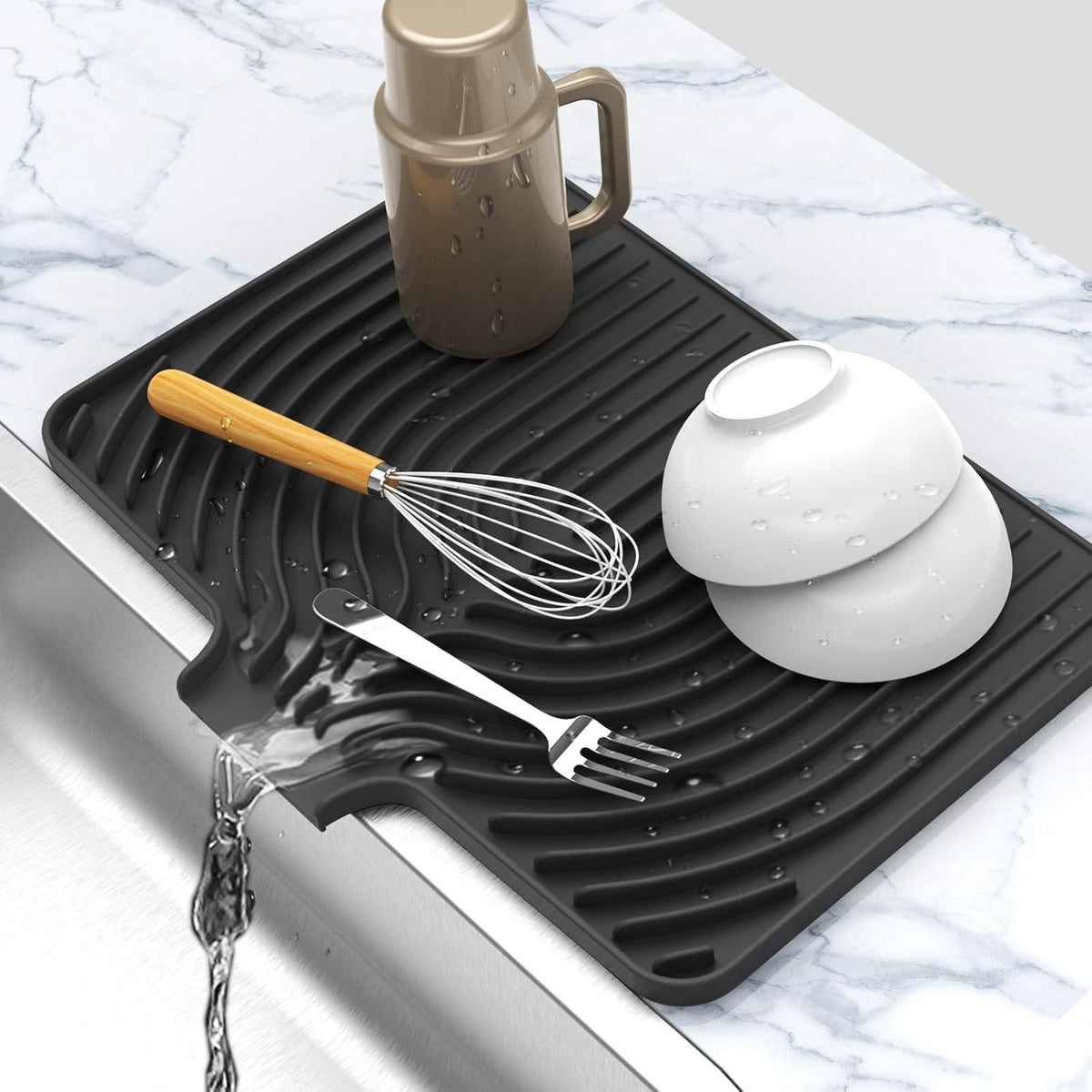 Dish Drying Matt for Kitchen Counter,18"×12"Silicone Dry Rack Mat with Built in Drain, Kitchen Dry
