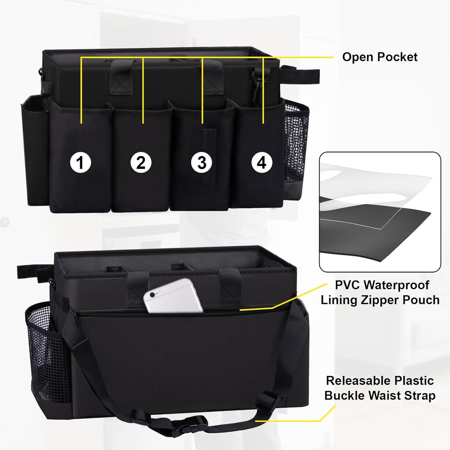 Wearable Large Cleaning Caddy Bag for Housekeeper, Clean Supply Organizer with Adjustable Shoulder