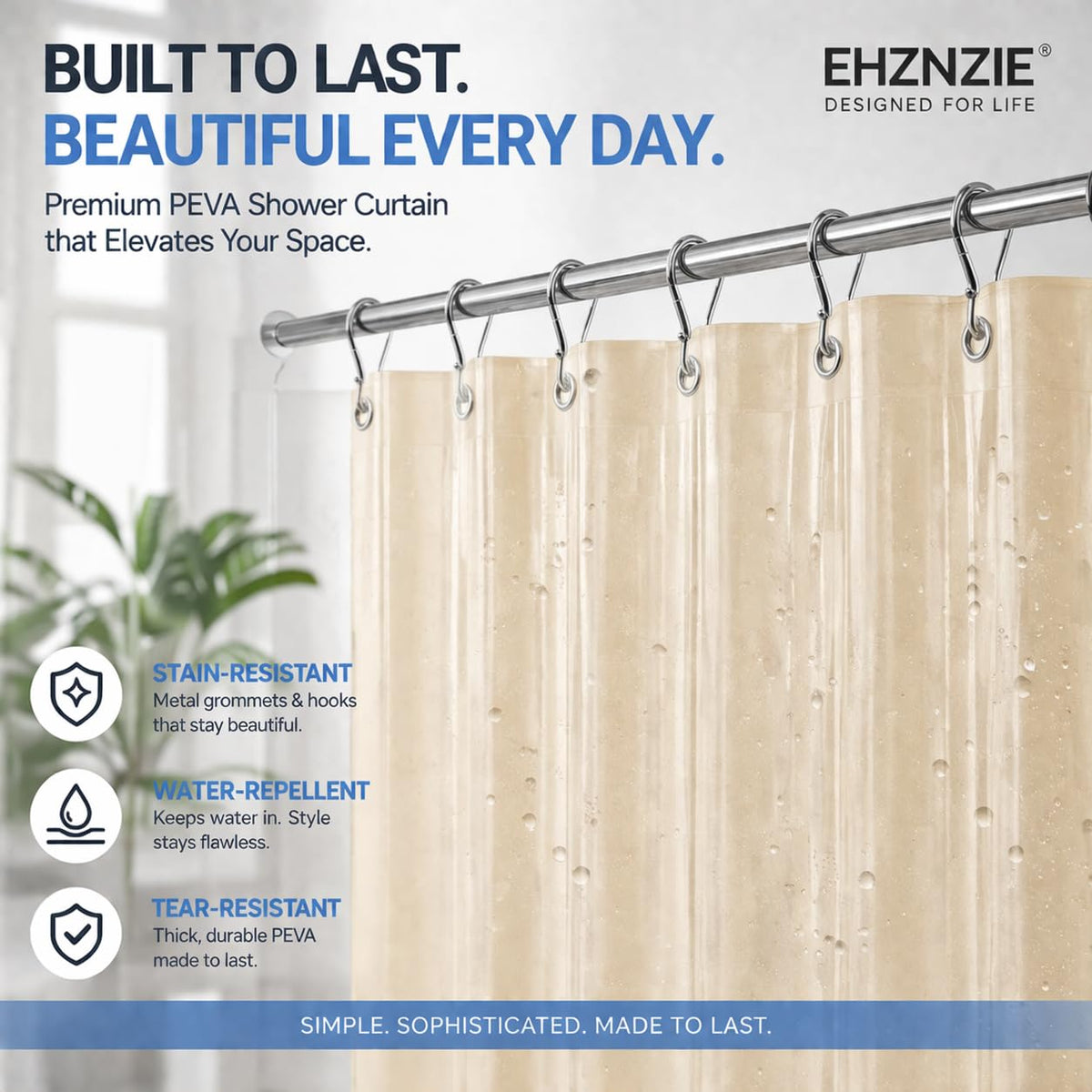 EHZNZIE Beige Shower Curtain Liner 72x72, PEVA Waterproof Bath Curtain, No Chemical Smell, 3