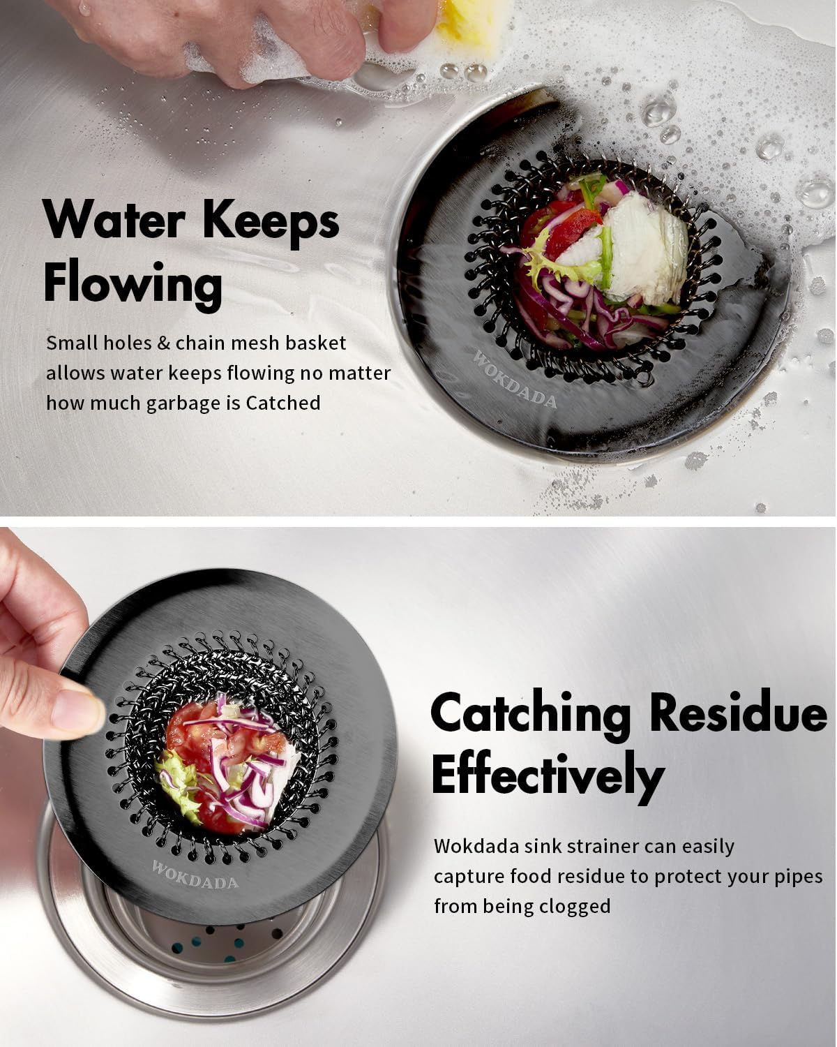Sink Drain Strainer (Black): Flexible Anti-Slip Chainlink, 304 Stainless Steel. Upgraded Clog-Free
