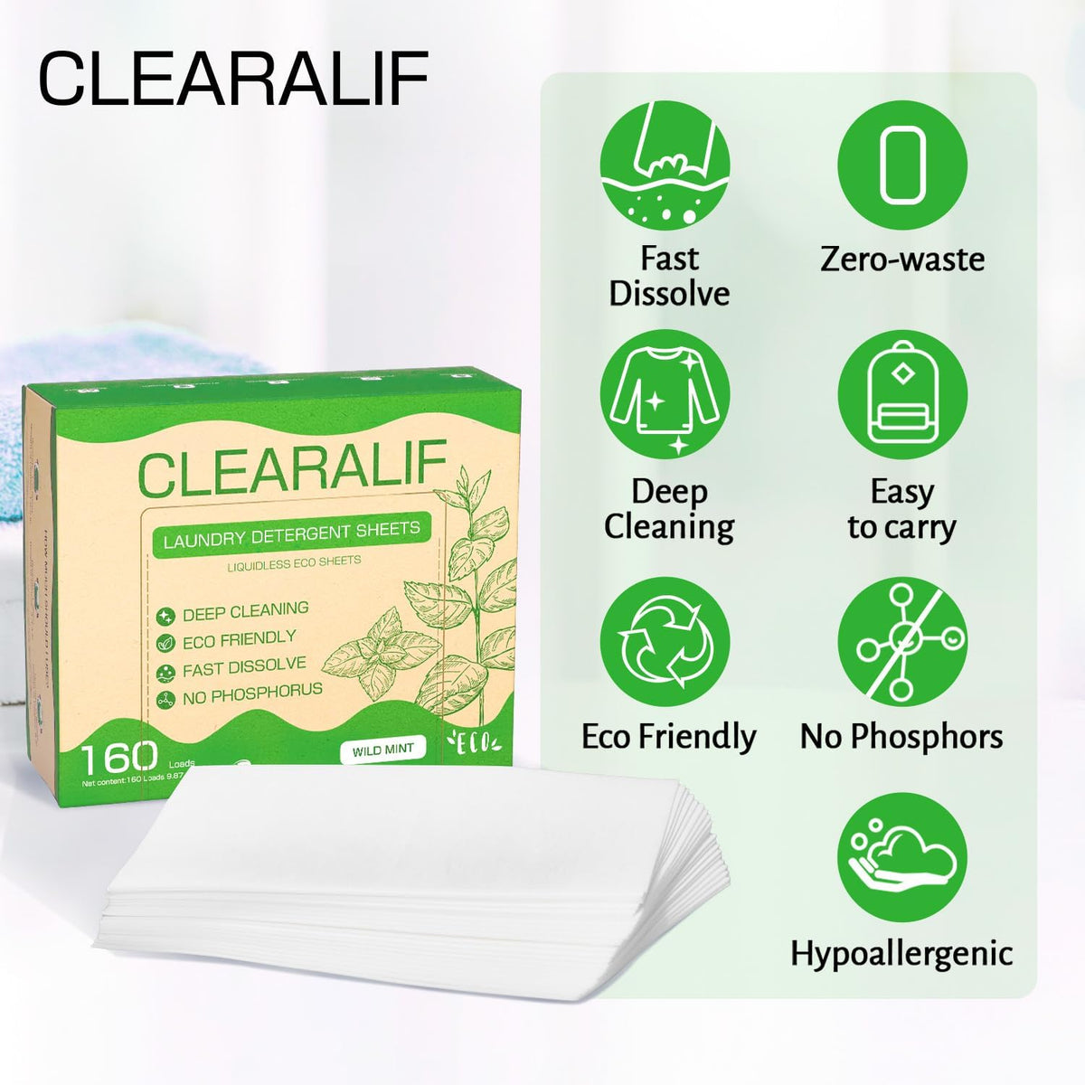 Laundry Detergent Sheets Up to 160 Loads, Wild Mint - Great For Travel,Apartments, Dorms,CLEARALIF